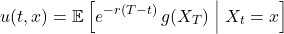 \[u(t,x) = \mathbb{E}\left[e^{-r(T-t)}\,g(X_T)\;\middle|\;X_t = x\right]\]