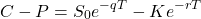 \[C - P = S_0 e^{-qT} - K e^{-rT}\]