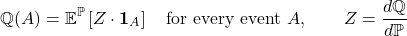 \[\mathbb{Q}(A) = \mathbb{E}^{\mathbb{P}}\left[Z \cdot \mathbf{1}_A\right] \quad \text{for every event } A, \qquad Z = \frac{d\mathbb{Q}}{d\mathbb{P}}\]