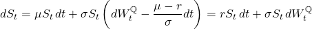\[dS_t = \mu S_t\,dt + \sigma S_t\left(dW_t^{\mathbb{Q}} - \frac{\mu-r}{\sigma}dt\right) = r S_t\,dt + \sigma S_t\,dW_t^{\mathbb{Q}}\]
